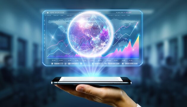 Global Tech Insights: A futuristic holographic projection of Earth and financial data emerges from a sleek smartphone, showcasing the fusion of technology and global insights.