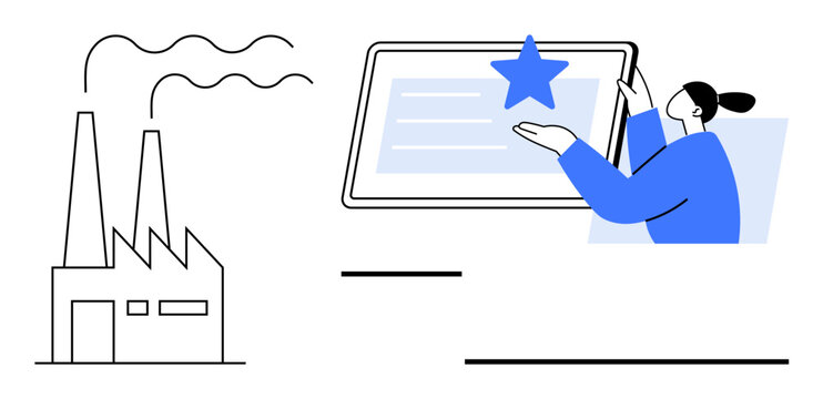 Industrial factory with smoke, person holding a digital tablet featuring a recognition star. Ideal for industry, innovation, technology, quality assessment, employee recognition, manufacturing