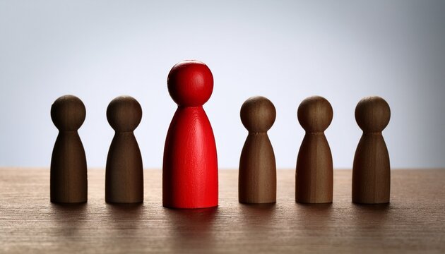 Red Pegman Among Wooden Figures Representing Team Roles
