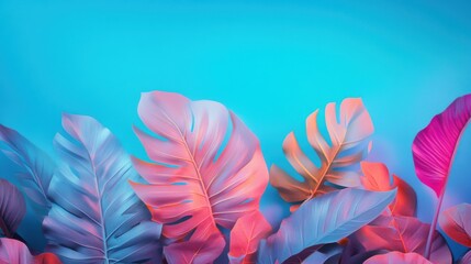 Tropical leaves in vibrant neon pink and blue light against a turquoise background, abstract exotic plant background