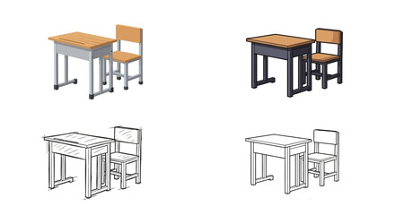 Classroom Desk and Chair Variations Color, Tone, and Line Art in a Set of Four Images