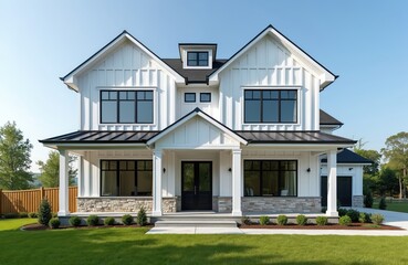 Modern white farmhouse with dark roof and black window frames. House has light rock siding and covered front porch. The house surrounded by green lawn and trees on sunny day.