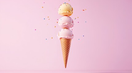 Three scoops of ice cream stacked in a cone with colorful sprinkles falling, studio shot against a pink background