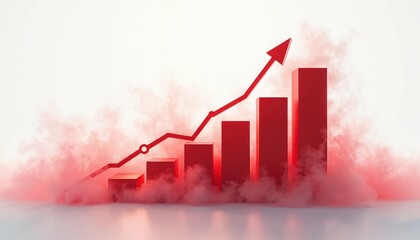 Red bar graph with arrow shows increasing trend. Abstract smoke surrounds rising chart. Represents business growth success. Data analysis concept.