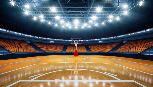 Illuminated indoor basketball arena showcasing polished wooden court and empty orange seats under bright stadium lights creating energetic competitive atmosphere