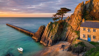 Seashore Vista: A picturesque seaside scene unveils a rustic cottage perched beside the ocean, complemented by a quaint pier extending into the calm waters, offering a serene coastal ambiance.