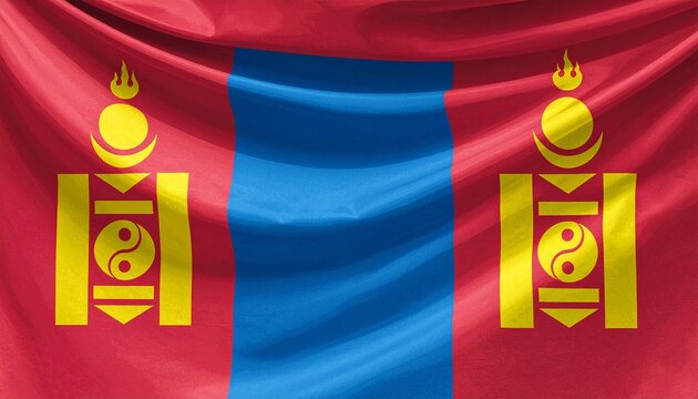 Mongolian national flag with red and blue vertical stripes featuring yellow Soyombo symbol on folded fabric
