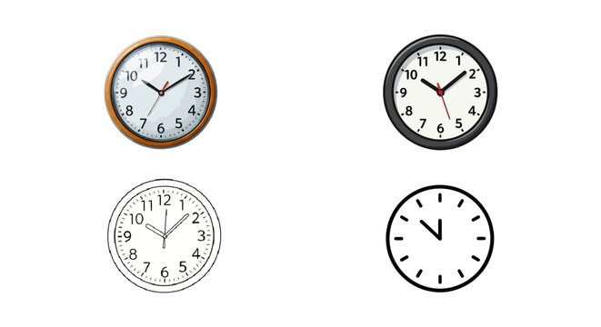 Set of wall clocks in different styles including realistic color, line art, and a simple icon. Vector illustration of classic timepieces isolated on a white background