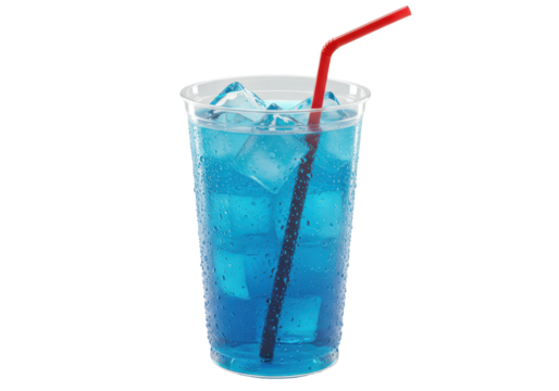 macro closeup of a tall plastic cup full of ice and vibrant blue fruit punch, hyperrealistic condensation, centered on a high-key transparent seamless background, concept for extreme cold beverage