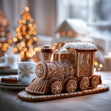 close-up of delicious gingerbread Christmas in shape of Christmas polar express train decorated with royal sugar icing 