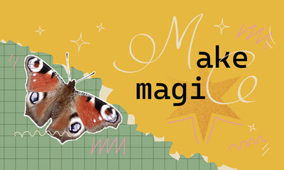 Whimsical halftone retro collage featuring a butterfly and inspirational  text over a colorful, textured backdrop