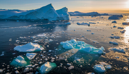 Arctic Icebergs at Sunset with Golden Reflections — Aerial View
