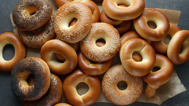 Video of variety of freshly baked bagels plain with sesame and poppy seeds, top view, MP4 video. AI
