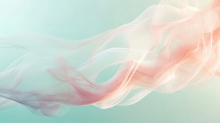 Abstract flowing fabric in soft pastel colors, ethereal and delicate, with a gradient background of teal and peach hues, creating a sense of movement and grace