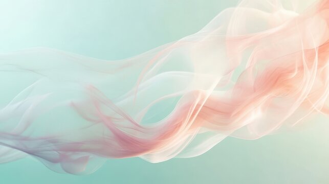 Abstract flowing fabric in soft pastel colors, ethereal and delicate, with a gradient background of teal and peach hues, creating a sense of movement and grace - Powered by Adobe