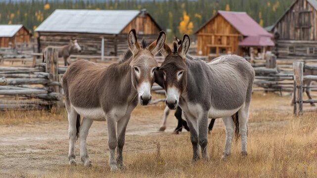 Two donkeys stand side-by-side in a field, rustic buildings in the background. A person rides one