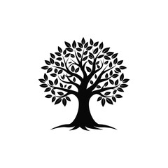 Obraz premium Black silhouette of a stylized tree with leaves and roots isolated on white background