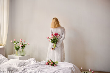 Pensive domestic scene, Woman gazes through window decor