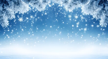 Softly falling snow illuminates a frosty evergreen branch border creating a magical winter wonderland background with sparkling light effects