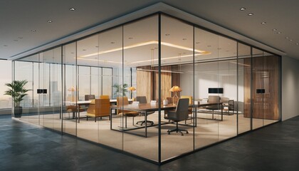 Modern Conference Room: A sophisticated, open-plan conference room with transparent glass walls and contemporary furniture offers a glimpse into collaborative work