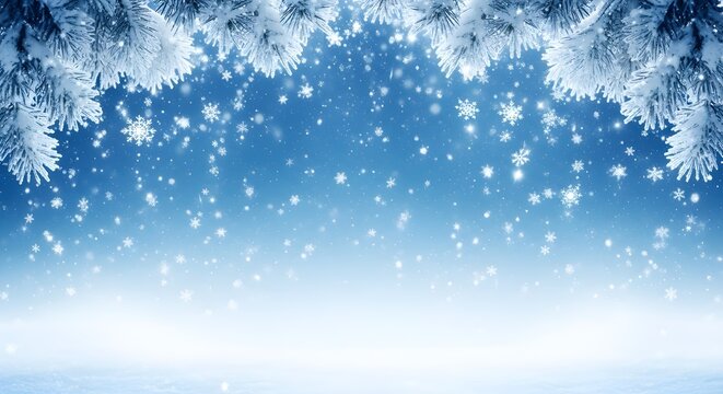 Softly falling snow illuminates a frosty evergreen branch border creating a magical winter wonderland background with sparkling light effects