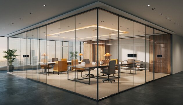 Modern Conference Room: A sophisticated, open-plan conference room with transparent glass walls and contemporary furniture offers a glimpse into collaborative work