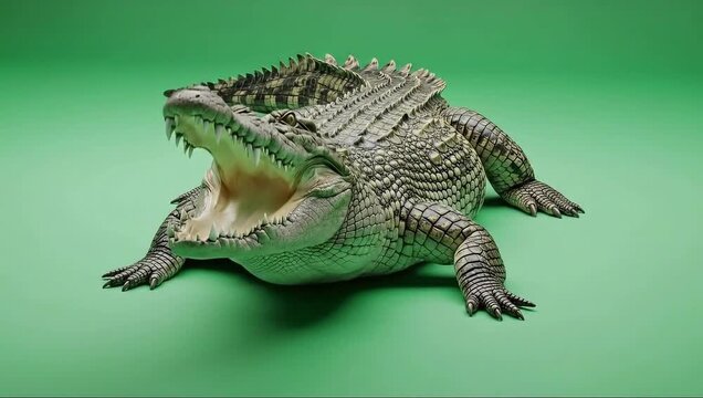 Green screen full-body crocodile pose designed for educational wildlife videos, cinematic effects integration and virtual habitat environments