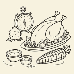 Illustration of a thanksgiving turkey dinner with a timer
