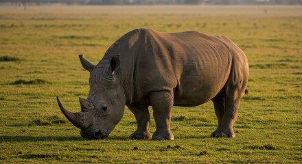 Fototapeta premium A large, powerful rhinoceros with a thick hide grazes peacefully on the short green grasses of the open savanna under warm sunlight ,rhino, ecology, heavy
