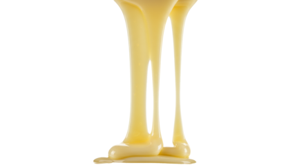 highly viscous, ultra-glossy white chocolate ganache cascading in thick, slow streams downwards, extreme macro photography against a transparent background, concept for confectionery advertising
