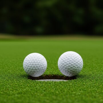 A perfectly white golf ball balances precariously right on the lip of the green hole, ready to drop in for a perfect score on the lush course ,course, cup, equipment