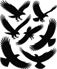 Obraz premium Eagle silhouette, flying bird icons, landing pose design, black wildlife graphic, nature symbol, raptor illustration, majestic wings, predator artwork