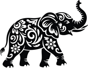 Elephant silhouette, floral elephant tattoo, ornamental animal design, ethnic wildlife art, black ink pattern, decorative nature symbol, tribal style illustration