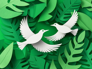 Obraz premium White doves flying tropical green leaves paper art peace nature illustration