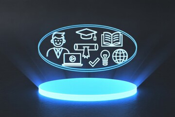 Neon hologram icons representing education and learning on a futuristic stage