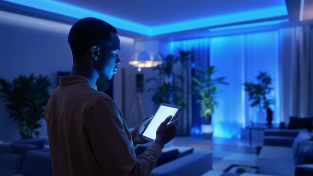 Smart Lighting (Color Change)Dynamic shot of a young person (Mixed Race) using an app on a tablet to change the color of the smart lighting in their living room.