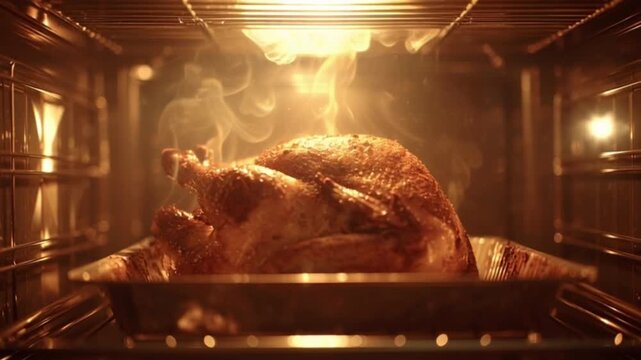 Cinematic Thanksgiving Turkey Roasting in the Oven, Showcasing Golden Crisp Skin, Warm Holiday Lighting, Rising Steam, Rich Aromas, and the Cozy Festive Atmosphere of a Traditional Family Feast Food