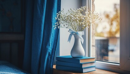 Serene Stillness by the Window: A delicate bouquet of flowers graces a bright window. The soft ambiance creates a peaceful ambiance perfect for reading and reflection.