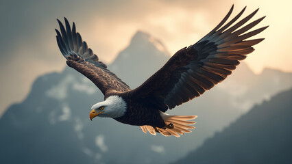 Obraz premium lone eagle soaring. majestic mountain backdrop. ultra realistic wildlife photography. breathtaking nature landscapes.