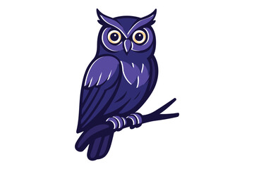 A stylized cartoon like illustration of a dark purple owl perched on a thin brown tree branch against a white background