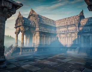 Temple's Sacred Aura: A captivating image showcases an ancient temple, bathed in the soft glow of dawn and shrouded in an ethereal mist, evoking a sense of reverence and wonder. 