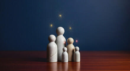 Secure Family Unit: Wooden Peg Dolls Representing Parents and Children with Glowing Stars of Protection Concept of Home Security, Well-being, and Family Insurance Emphasizing Stability and Happiness