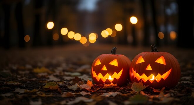 Two glowing carved halloween pumpkins sit on a bed of fallen autumn leaves with blurred festive lights in the background - Powered by Adobe