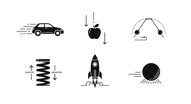 Dynamic set showcasing physics concepts like motion, gravity, elasticity, and energy, perfect for educational materials and science projects, visually engaging