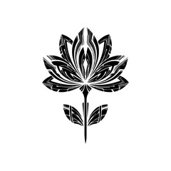 Black and white stylized lotus flower icon on white background, decorative design