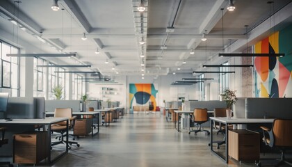 Modern Office Space: An expansive, well-lit modern office space, showcasing a clean and open environment designed to inspire productivity and collaboration among employees.