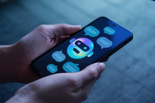Hands holding a smartphone displaying a chatbot interface with animated speech bubbles