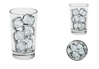 three orthographic views of a hyper-detailed crystal highball tumbler brimming with spherical ice cubes, emphasizing crystalline structure, isolated on brilliant white. concept for premium
