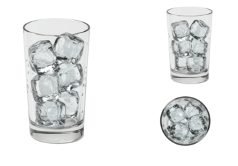 three orthographic views of a hyper-detailed crystal highball tumbler brimming with spherical ice cubes, emphasizing crystalline structure, isolated on brilliant white. concept for premium