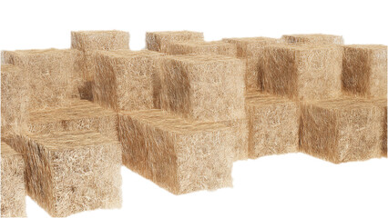Numerous rectangular bales of dried hay or straw stacked in an irregular pattern against a white background.